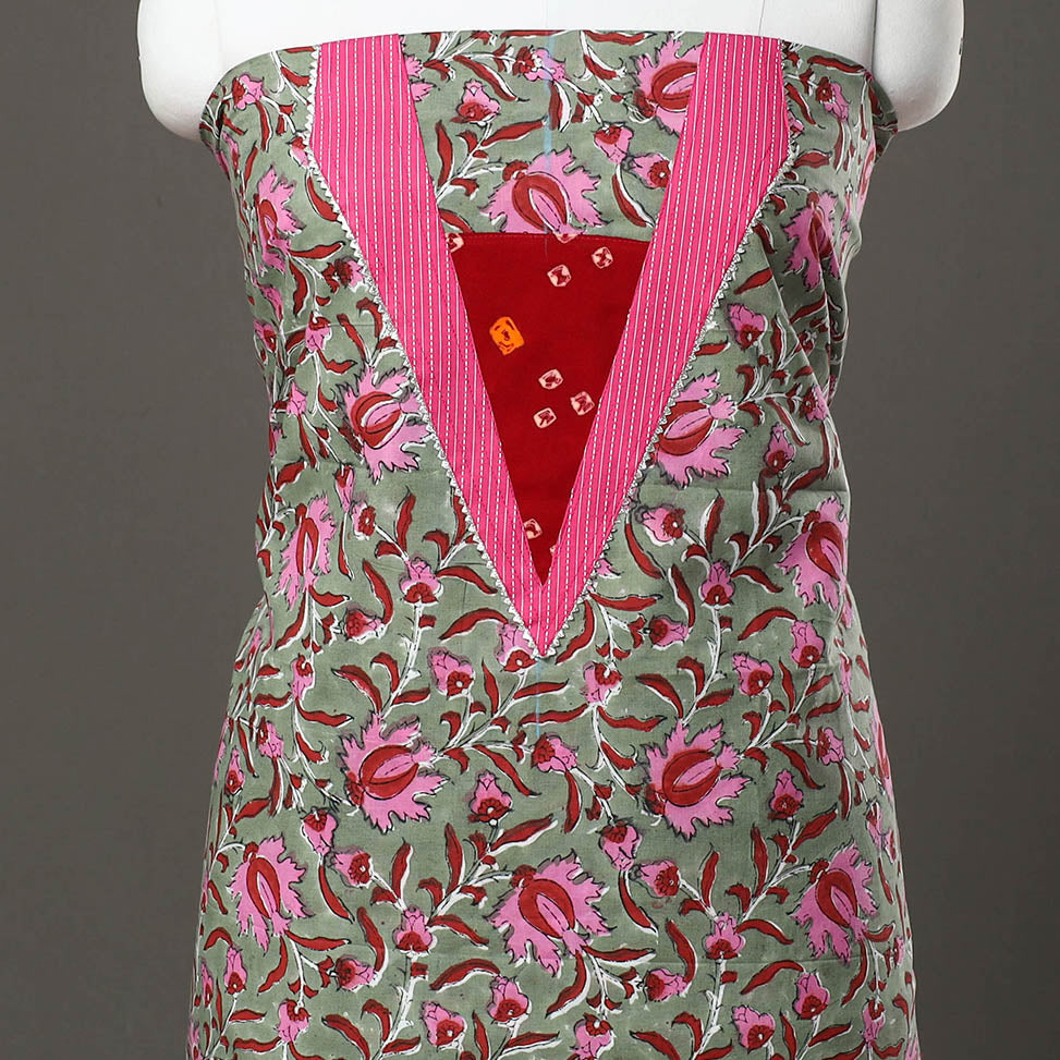 Green - sanganeri cotton patchwork unstitched kurta