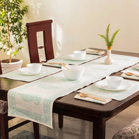 Green Sanganeri Print Cotton Table Runner with Mats & Napkins