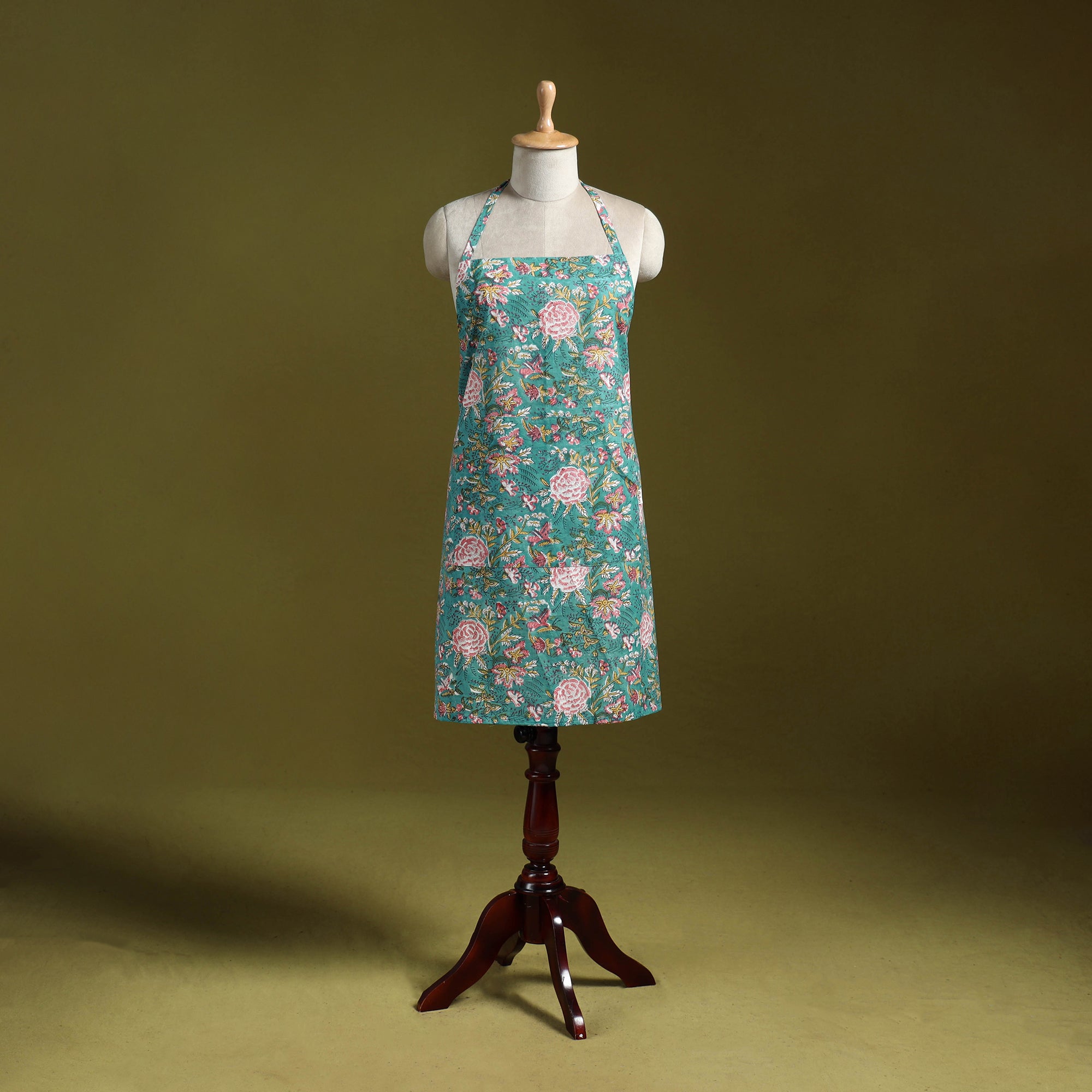 Green Sanganeri Hand Block Print Apron with Pocket