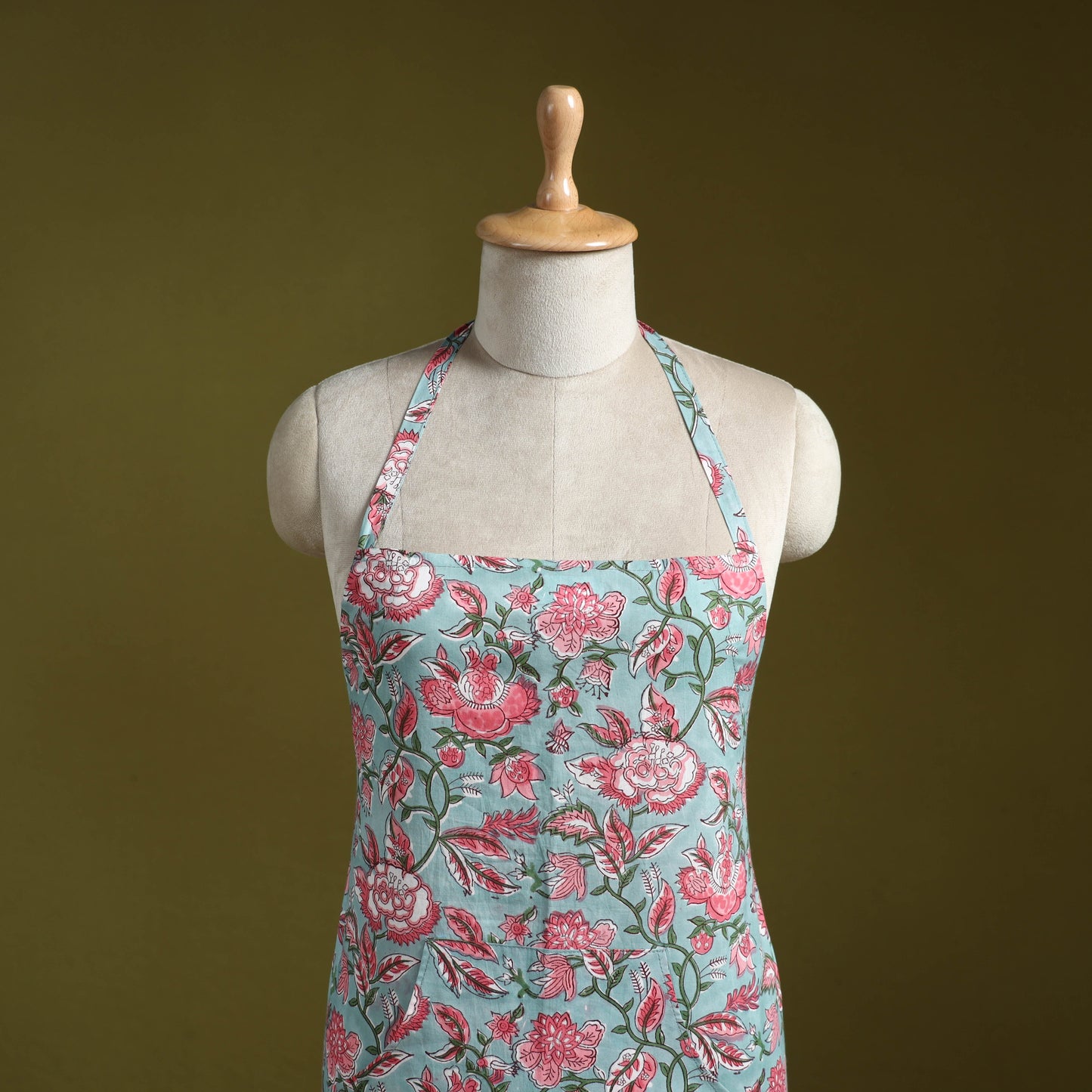 Green - sanganeri hand block print apron with pocket 15