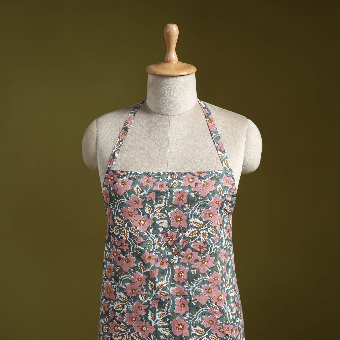 Green - sanganeri hand block print apron with pocket 16