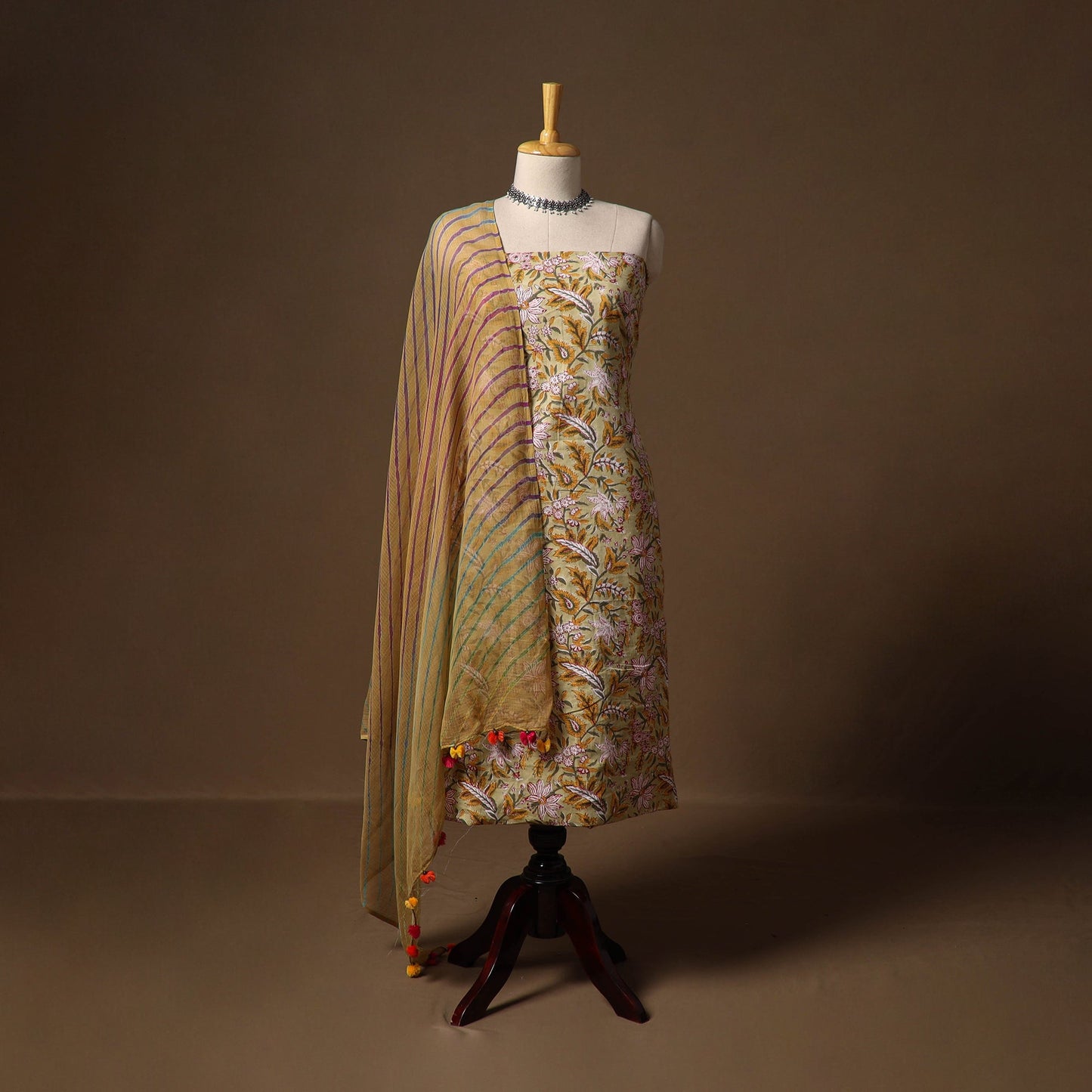 Green - sanganeri hand block print cotton 2pc unstitched