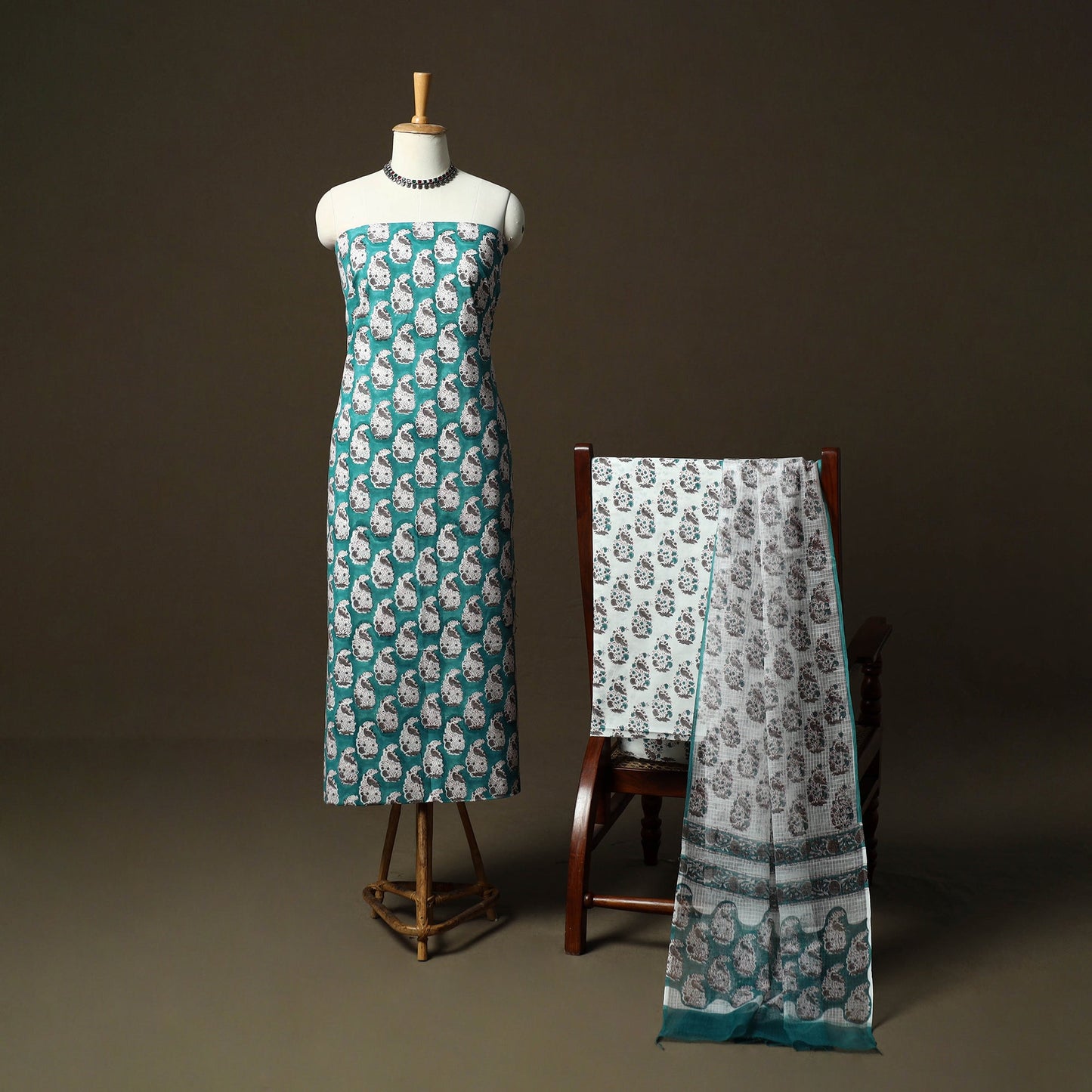 Sanganeri hand block print cotton 3pc unstitched dress