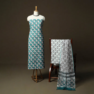 Sanganeri hand block print cotton 3pc unstitched dress