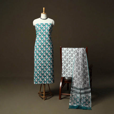 Sanganeri hand block print cotton 3pc unstitched dress