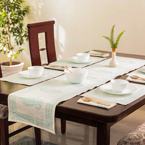 Green Sanganeri Print Cotton Table Runner with Mats & Napkins