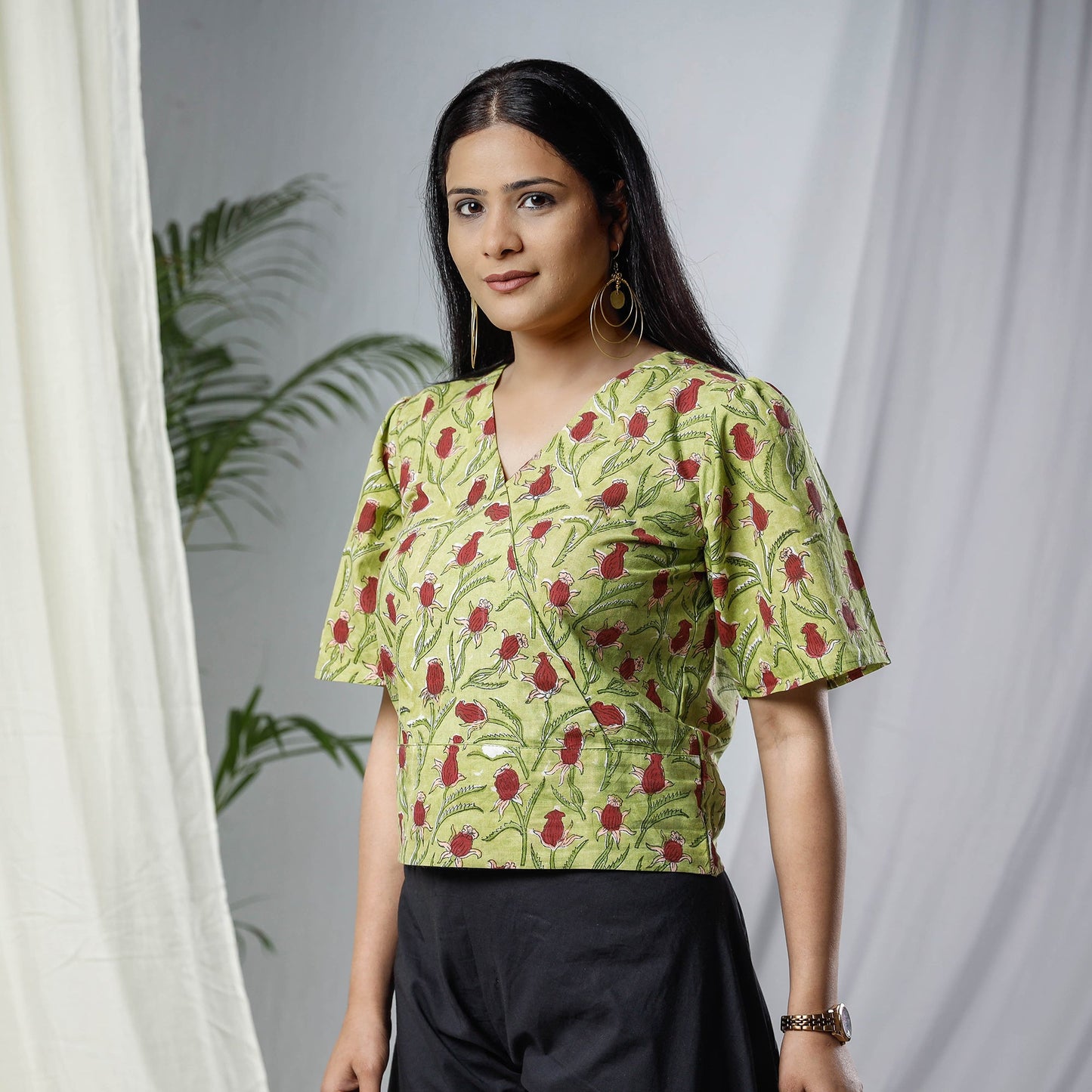 Green Sanganeri Hand Block Prints Half Sleeve Cotton Crop Top 