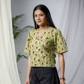 Green Sanganeri Hand Block Prints Half Sleeve Cotton Crop Top 