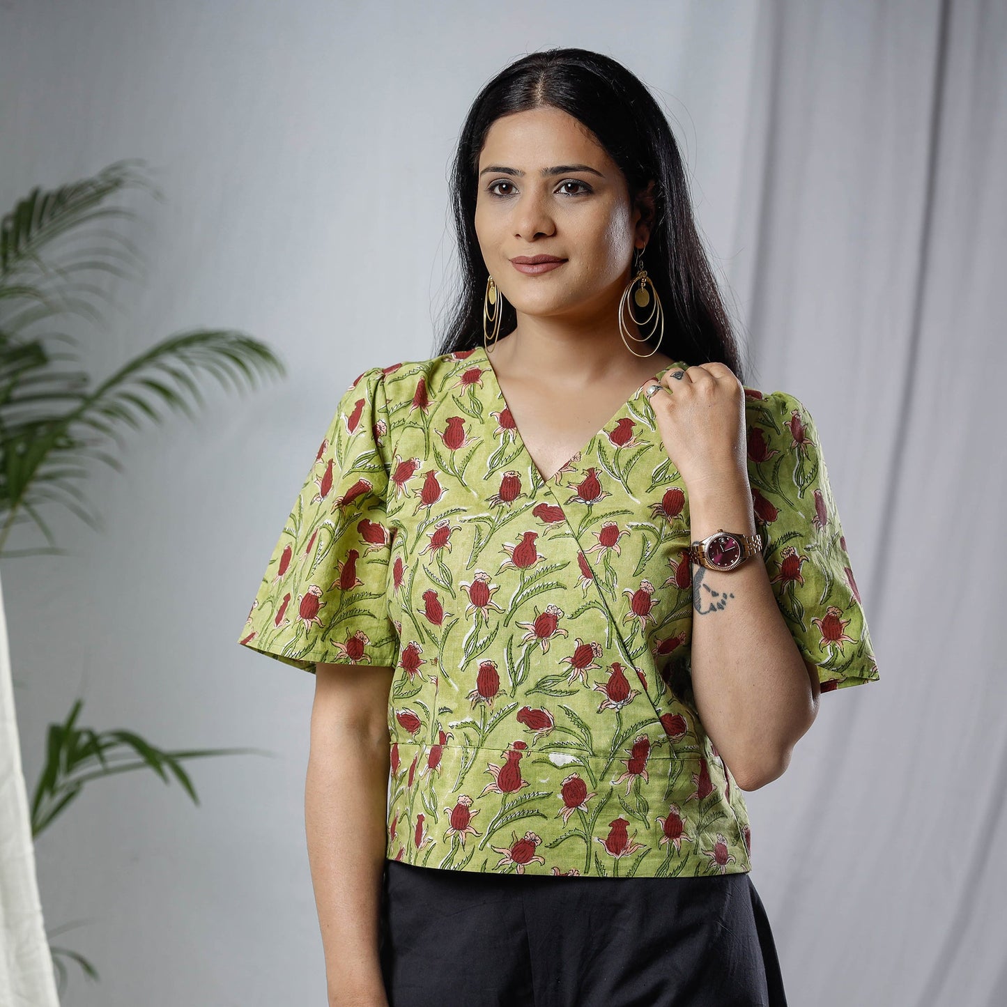 Green Sanganeri Hand Block Prints Half Sleeve Cotton Crop Top 