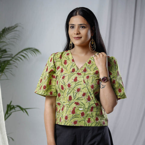 Green Sanganeri Hand Block Prints Half Sleeve Cotton Crop Top 