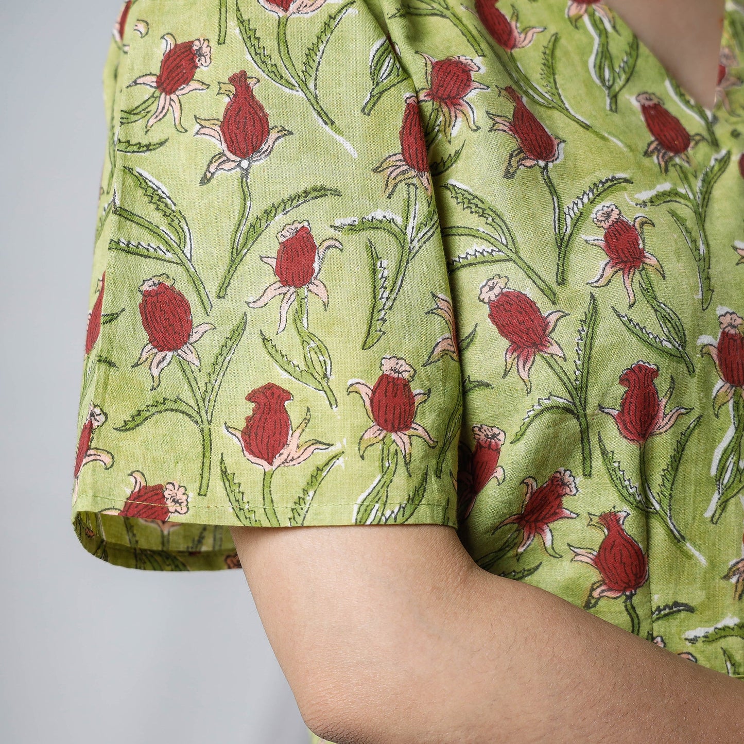 Green Sanganeri Hand Block Prints Half Sleeve Cotton Crop Top 