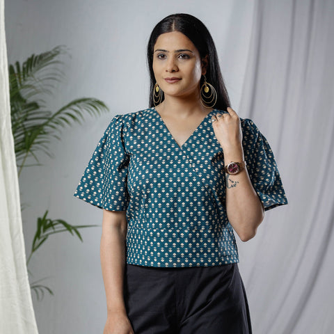 Buy Sanganeri Hand Block Prints Half Sleeve Cotton Crop Top Online at iTokri.com