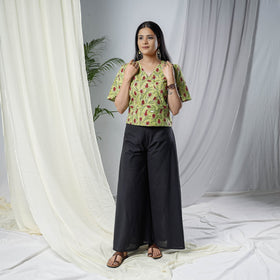 Green Sanganeri Hand Block Prints Half Sleeve Cotton Crop Top 