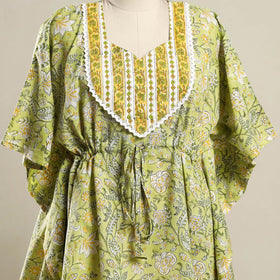 Green Sanganeri Mosaic Fusion Cotton Kaftan (Short)