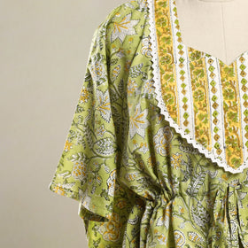 Green Sanganeri Mosaic Fusion Cotton Kaftan (Short)