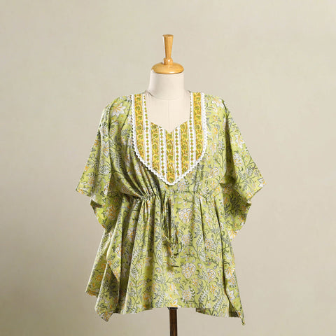 Green Sanganeri Mosaic Fusion Cotton Kaftan (Short)