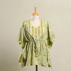 Green Sanganeri Mosaic Fusion Cotton Kaftan (Short)