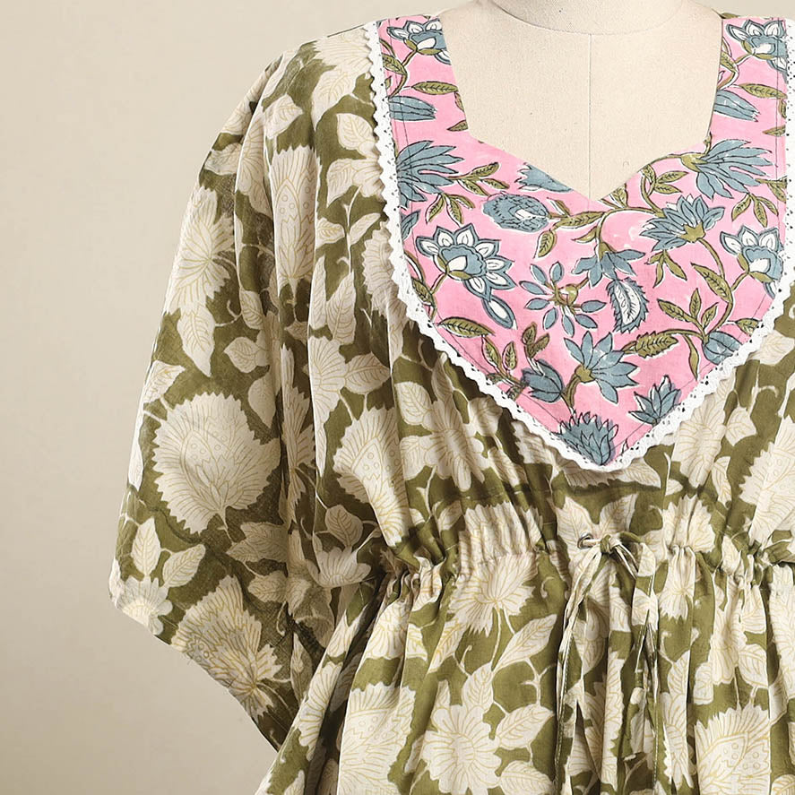 Buy Green Sanganeri Mosaic Fusion Cotton Kaftan