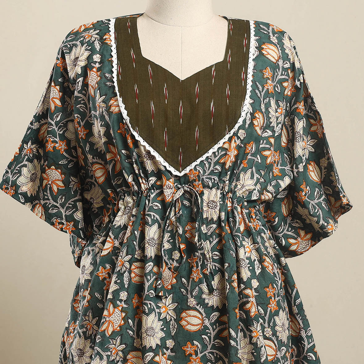 Buy Green Sanganeri Mosaic Fusion Cotton Kaftan