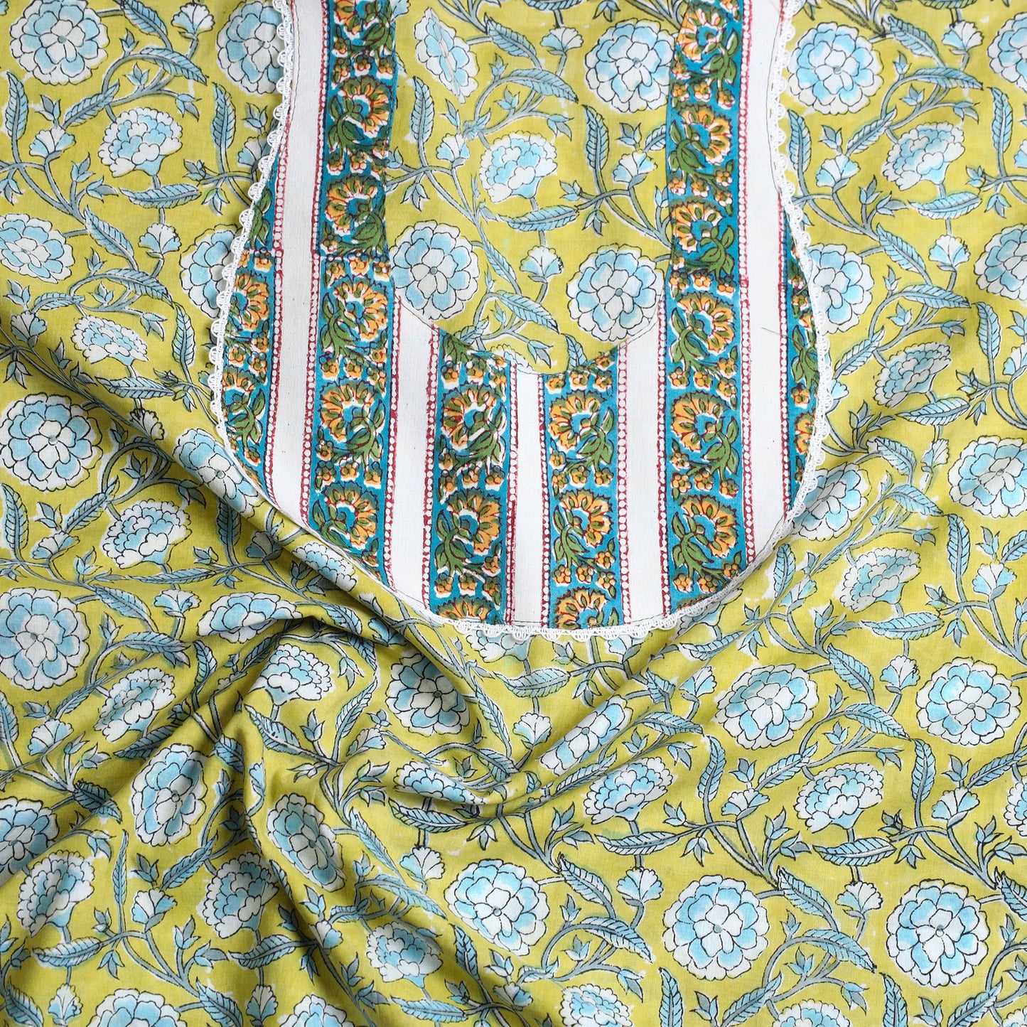 Buy Yellow Sanganeri Print Patchwork Cotton Kurta Material