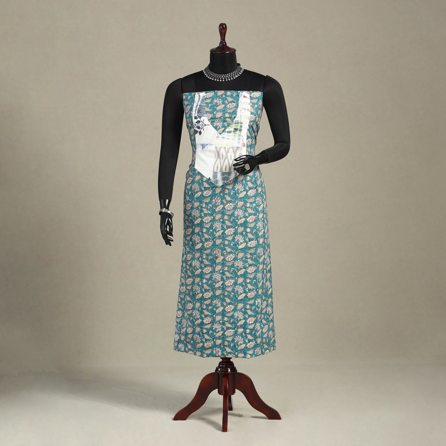 Green - sanganeri patchwork cotton unstitched kurta