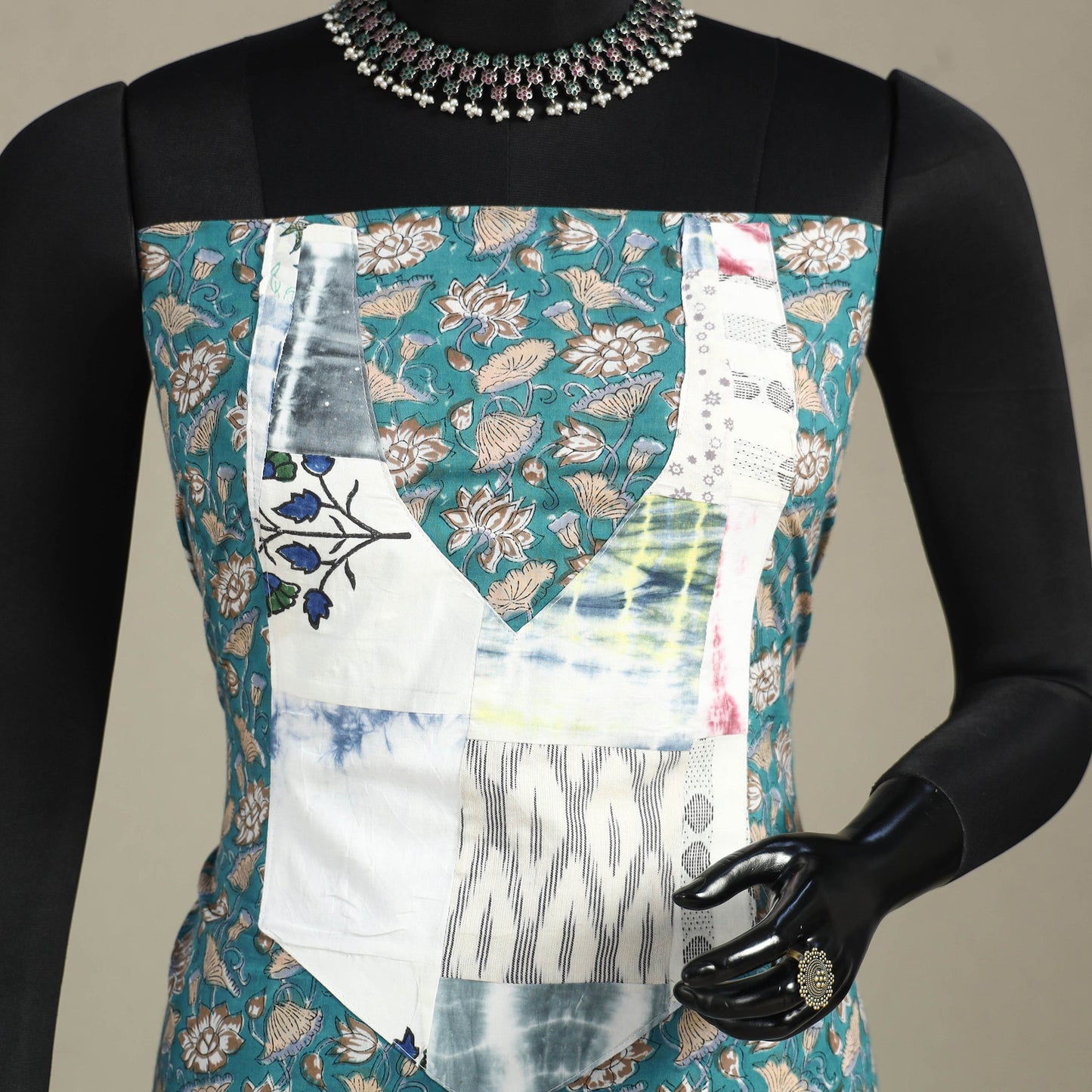 Green - sanganeri patchwork cotton unstitched kurta