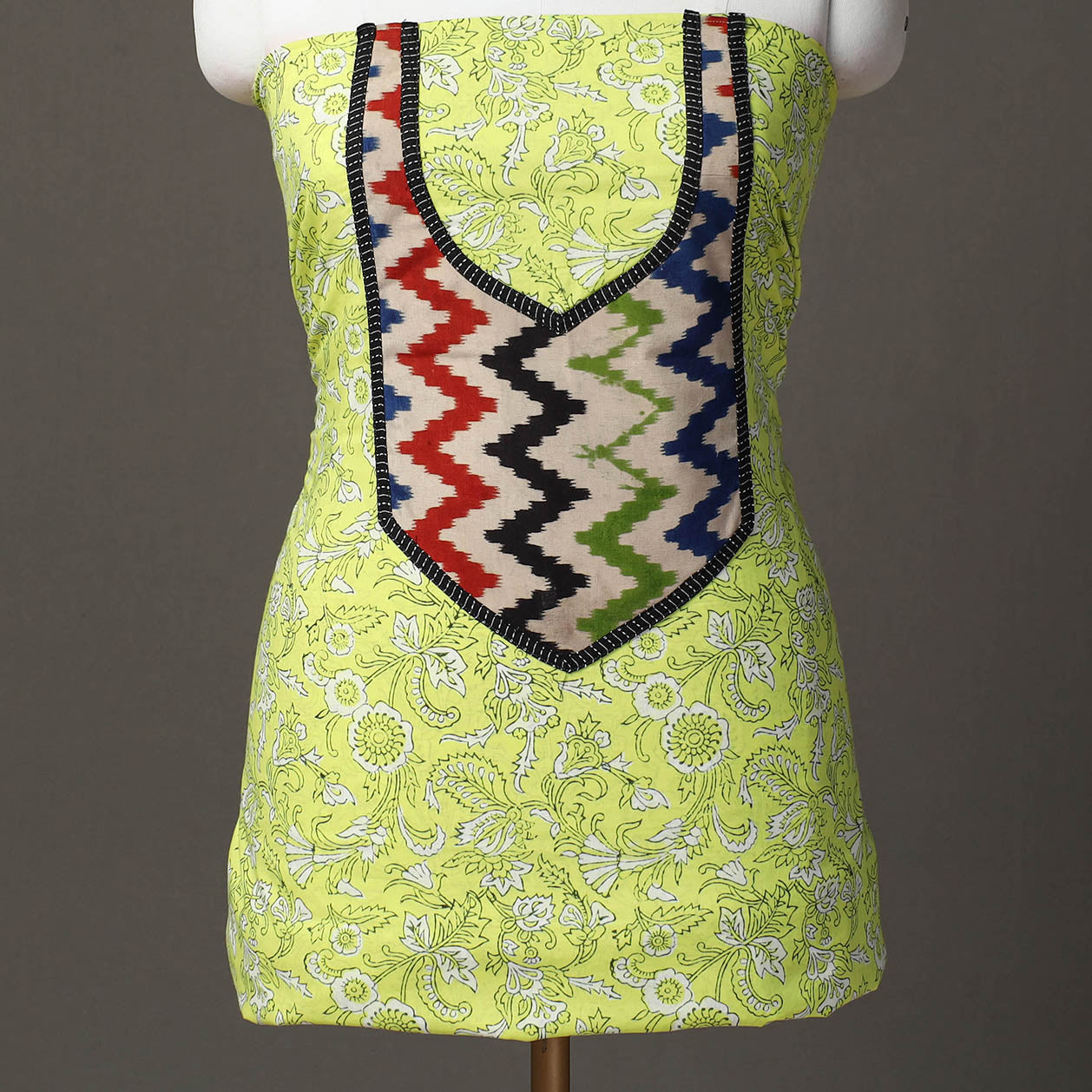 Green - sanganeri patchwork unstitched kurta material (3m)