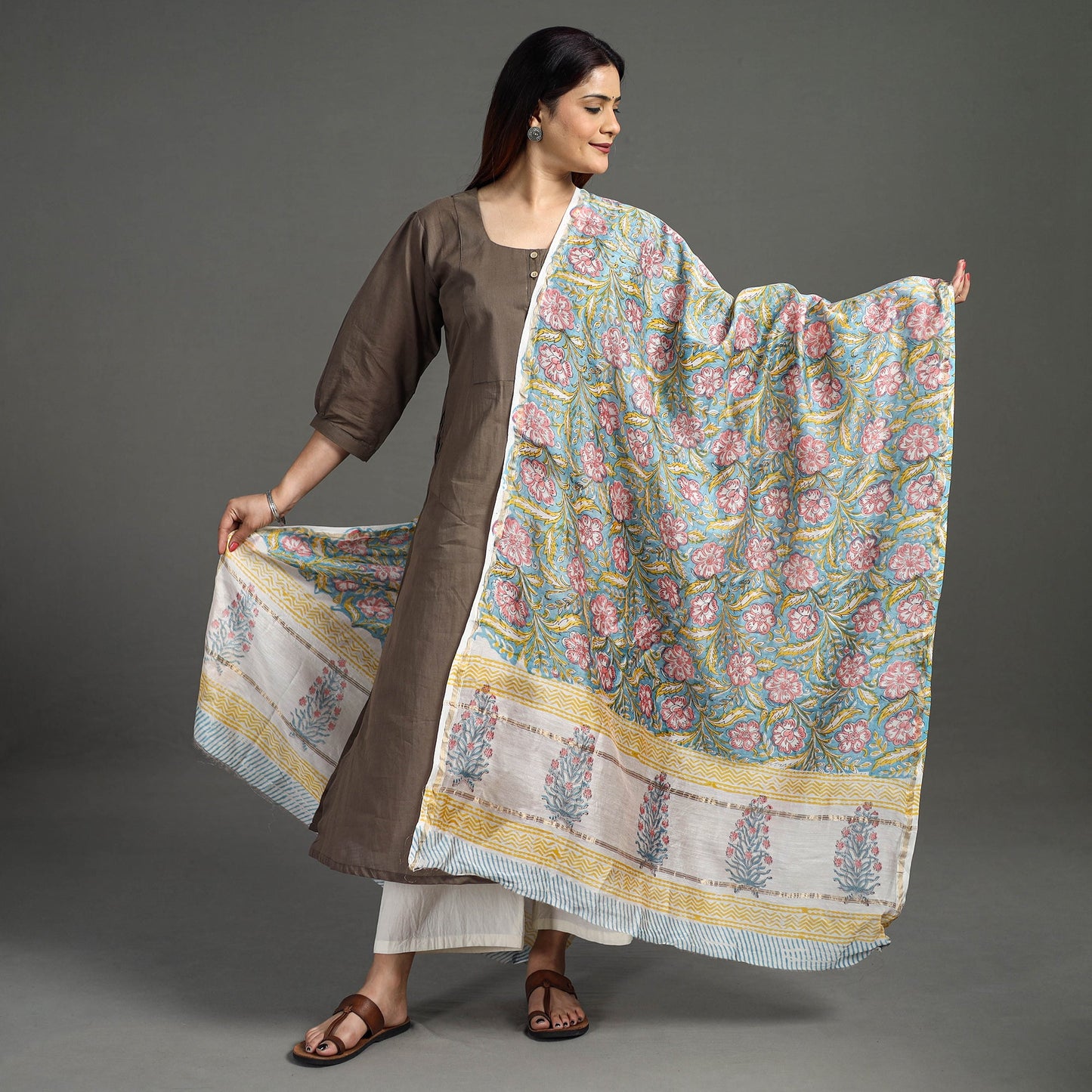  Sanganeri Block Printed Chanderi Silk Zari Border Dupatta 75 