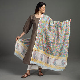  Sanganeri Block Printed Chanderi Silk Zari Border Dupatta 75 