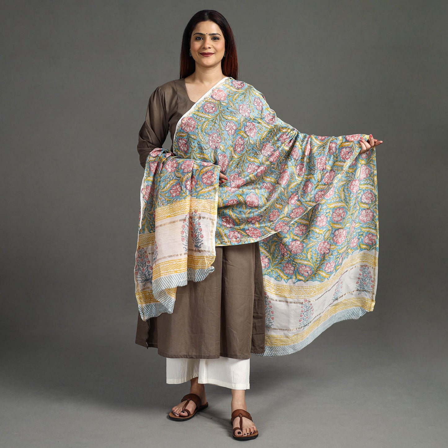  Sanganeri Block Printed Chanderi Silk Zari Border Dupatta 75 