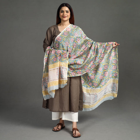 Sanganeri Block Printed Chanderi Silk Zari Border Dupatta 75 