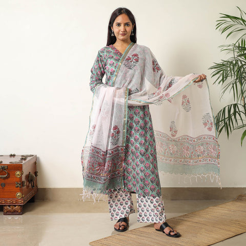 Green - sanganeri printed cotton kurta with palazzo &