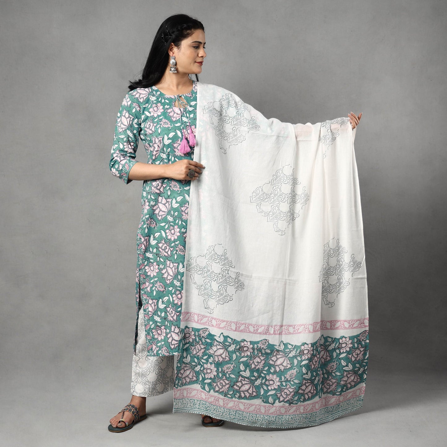  Sanganeri Block Printed Cotton Kurta with Palazzo & Dupatta Set 