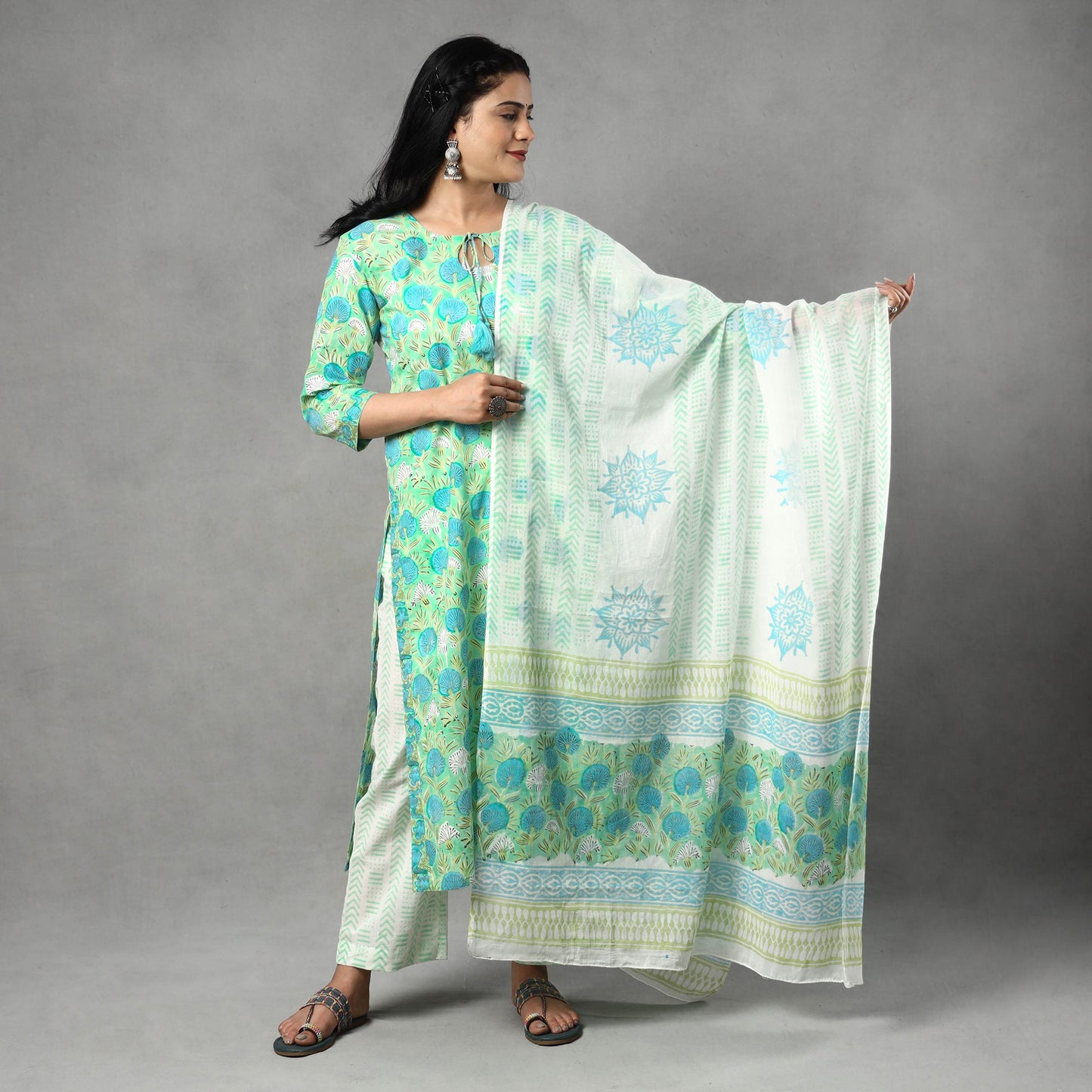 Buy Sanganeri Block Printed Cotton Kurta with Palazzo & Dupatta Set Online at iTokri.com