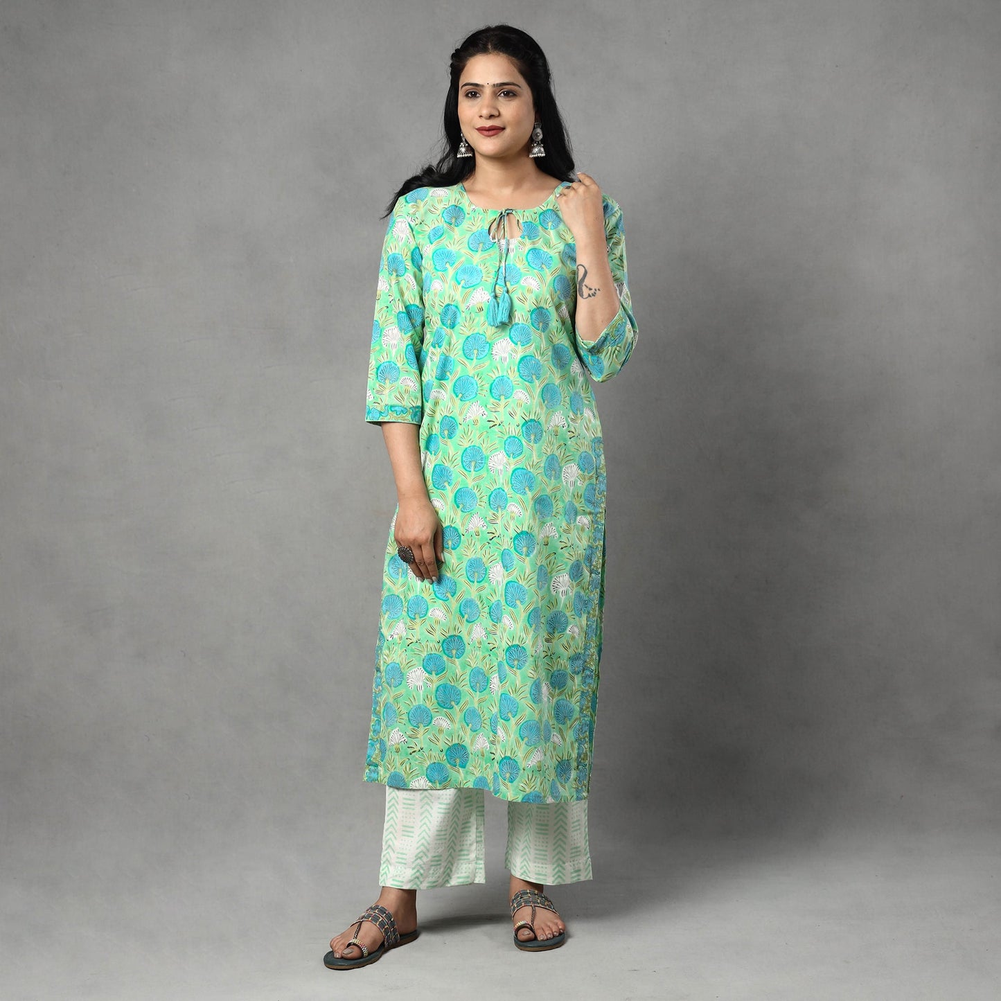 Buy Sanganeri Block Printed Cotton Kurta with Palazzo & Dupatta Set Online at iTokri.com