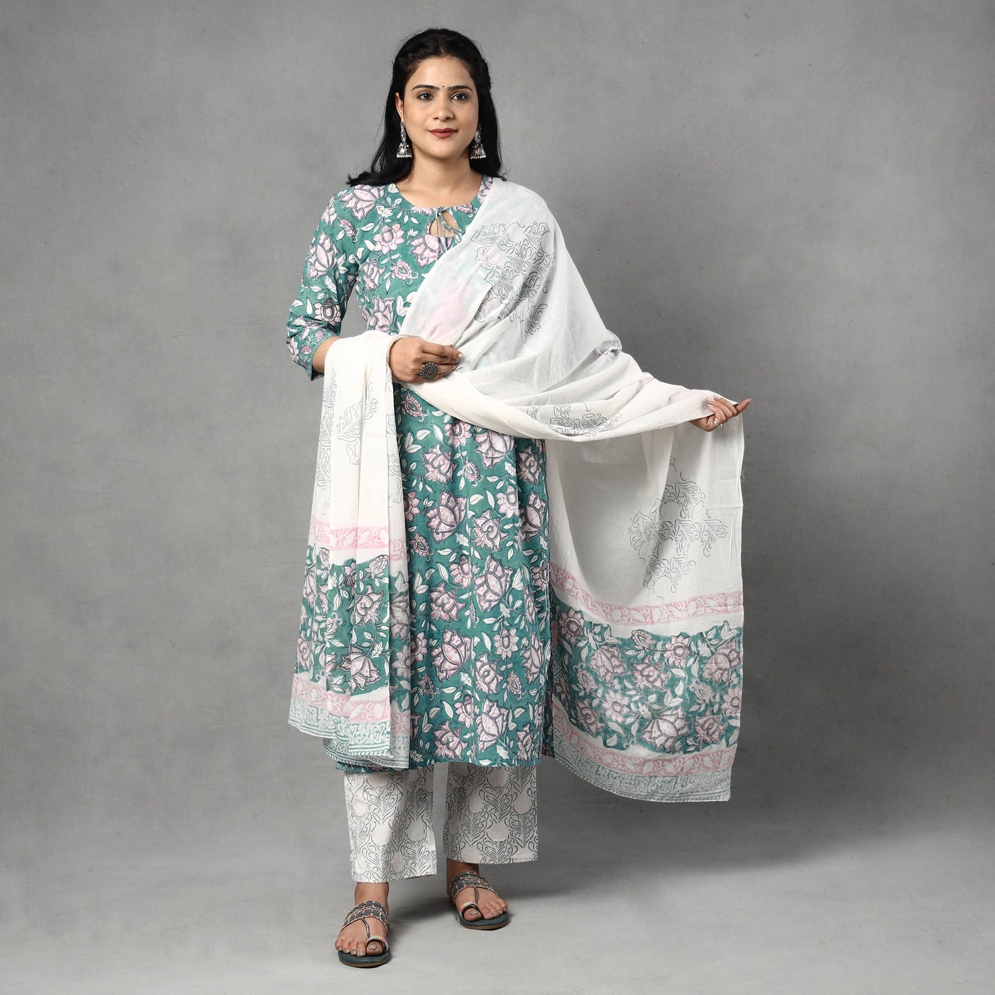  Sanganeri Block Printed Cotton Kurta with Palazzo & Dupatta Set 
