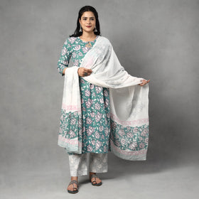  Sanganeri Block Printed Cotton Kurta with Palazzo & Dupatta Set 