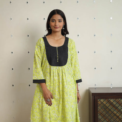 Buy Green Sanganeri Block Printed Cotton A-Line Kurta Online