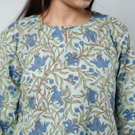 Green - sanganeri printed cotton a-line long kurta