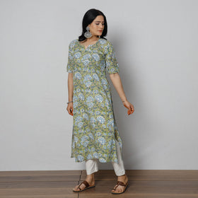 Green - Sanganeri Block Printed Cotton Long Kurta