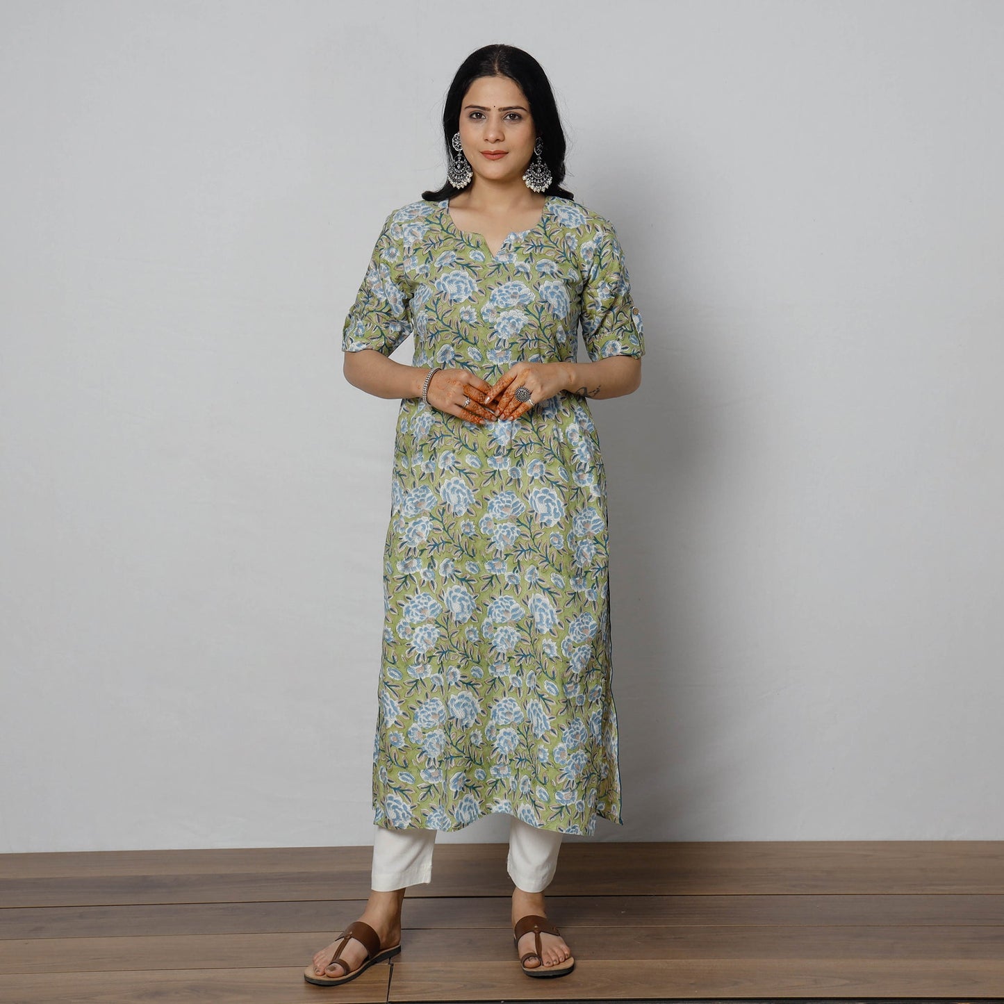 Green - Sanganeri Block Printed Cotton Long Kurta
