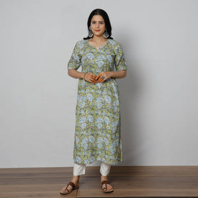 Green - Sanganeri Block Printed Cotton Long Kurta