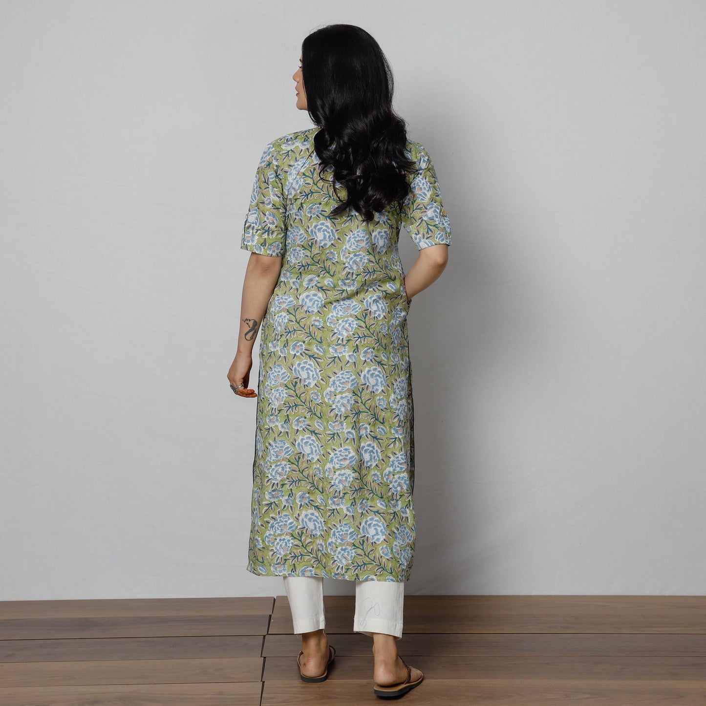Green - Sanganeri Block Printed Cotton Long Kurta