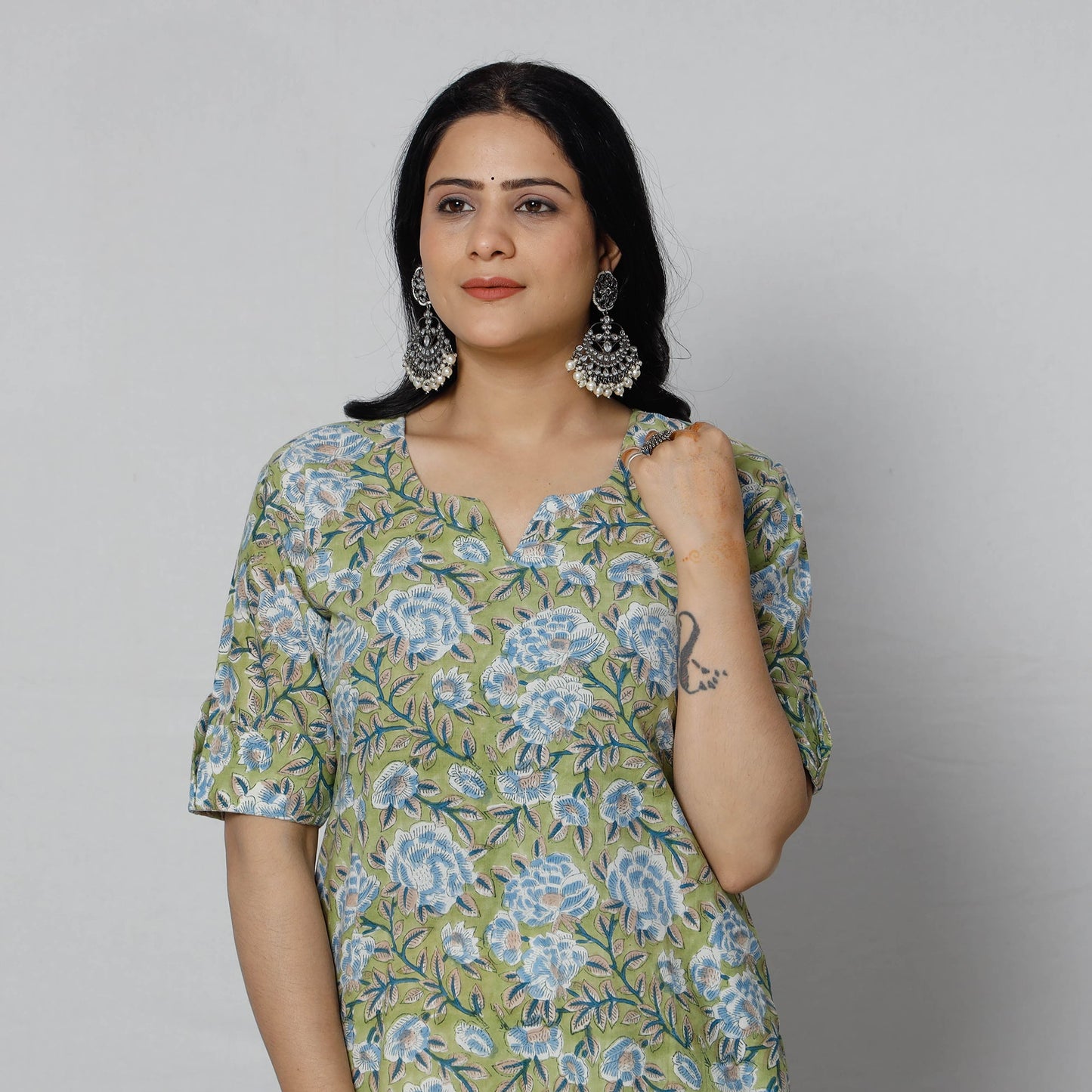 Green - Sanganeri Block Printed Cotton Long Kurta