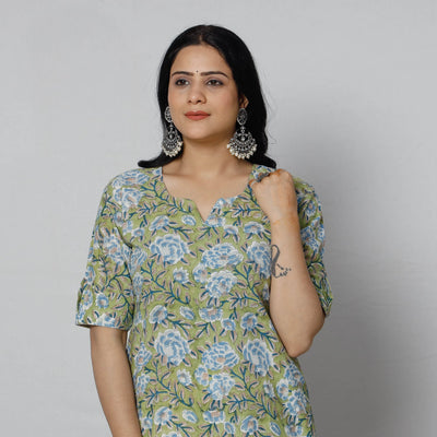 Green - Sanganeri Block Printed Cotton Long Kurta