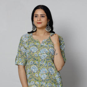 Green - Sanganeri Block Printed Cotton Long Kurta