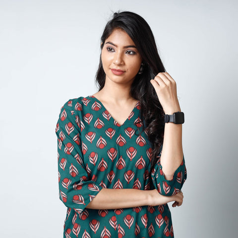 Green - sanganeri printed cotton long straight kurta