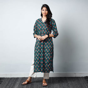 Green - sanganeri printed cotton long straight kurta