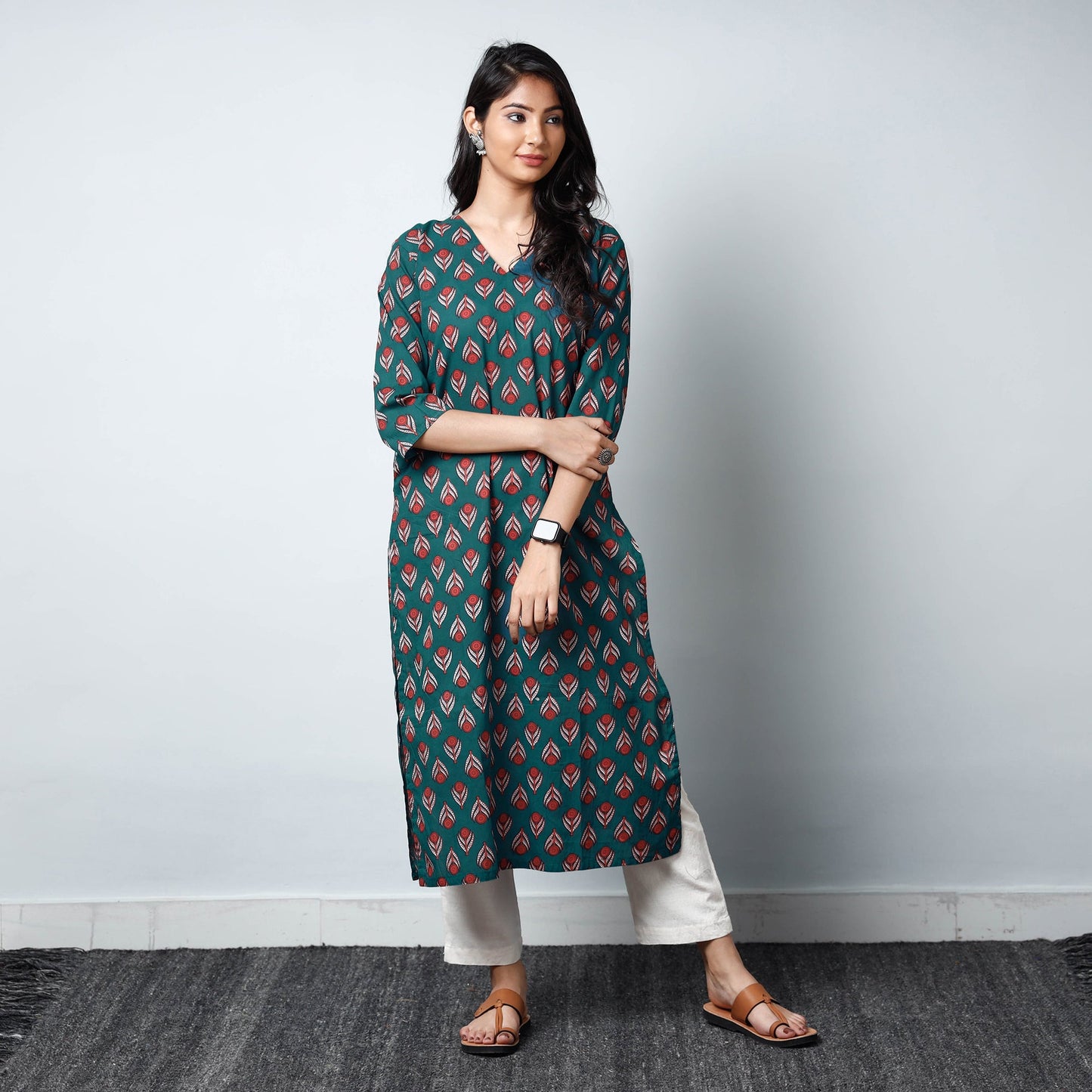 Green - sanganeri printed cotton long straight kurta