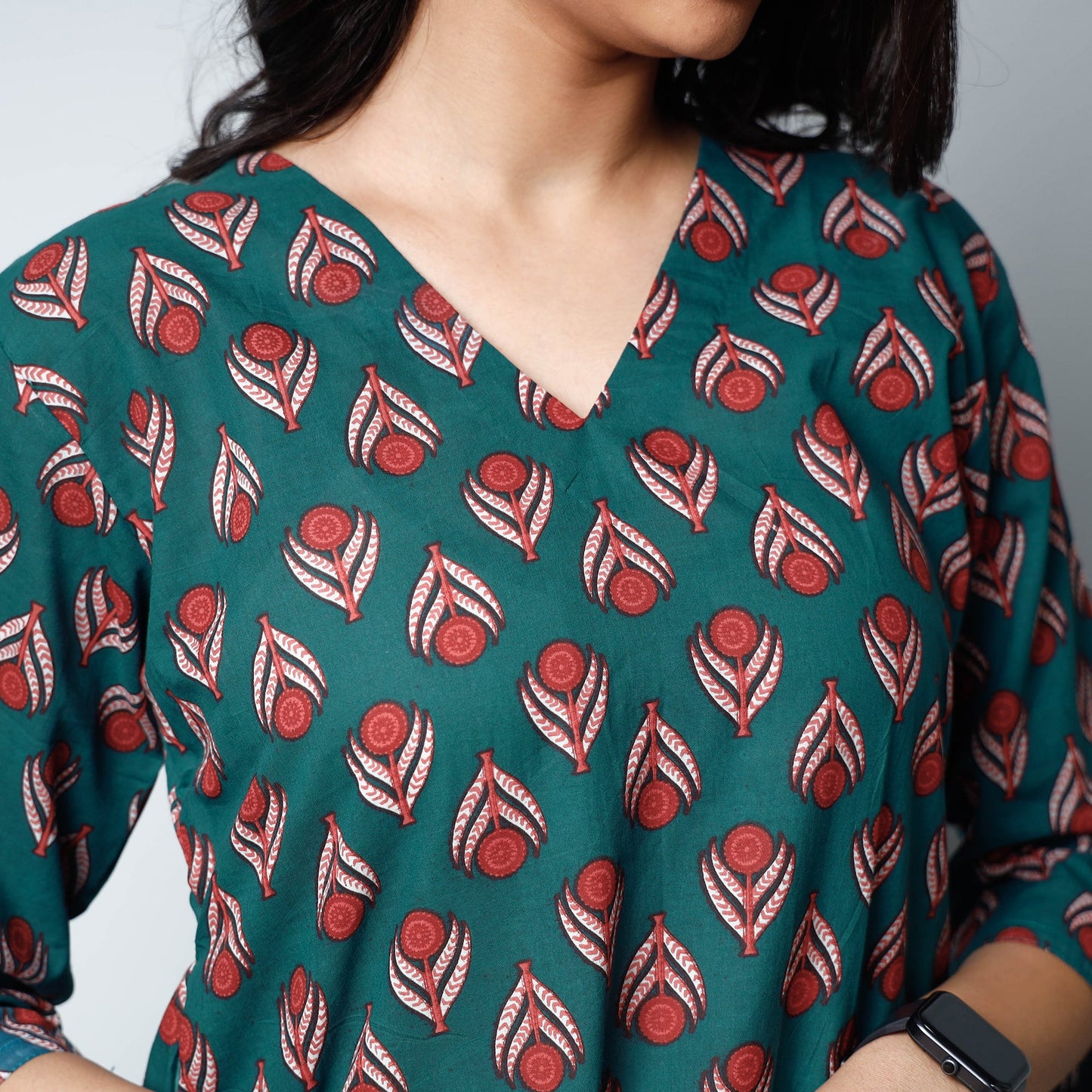 Green - sanganeri printed cotton long straight kurta